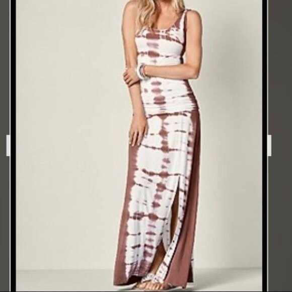 Venus Tie-Dye Maxi Dress Scoop Tank Slit Ruched Belt Cut Out Taupe M RDD10480 - Picture 1 of 9